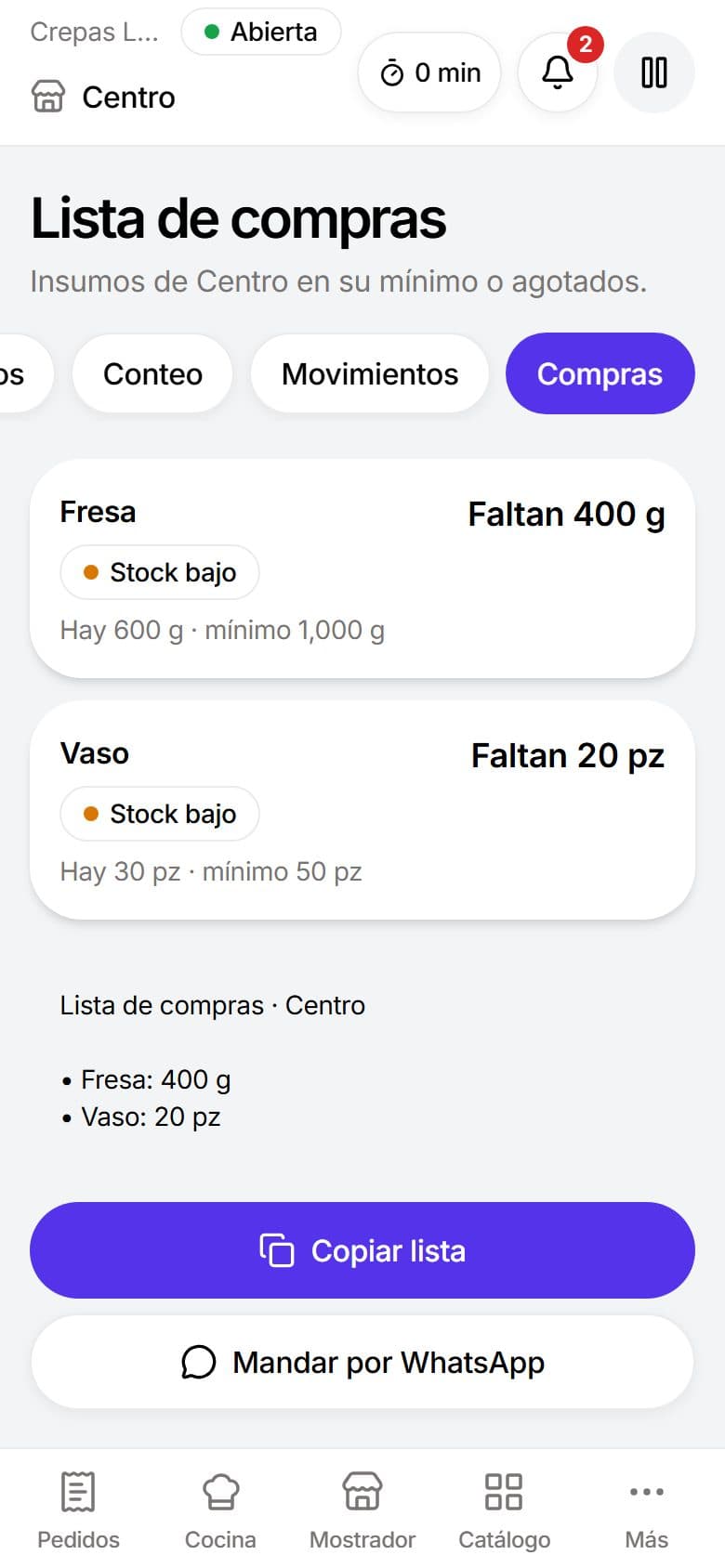 Lista de compras con los insumos bajo su mínimo
